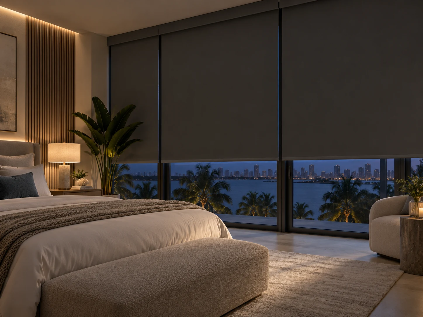Blackout shades in a luxury Miami bedroom