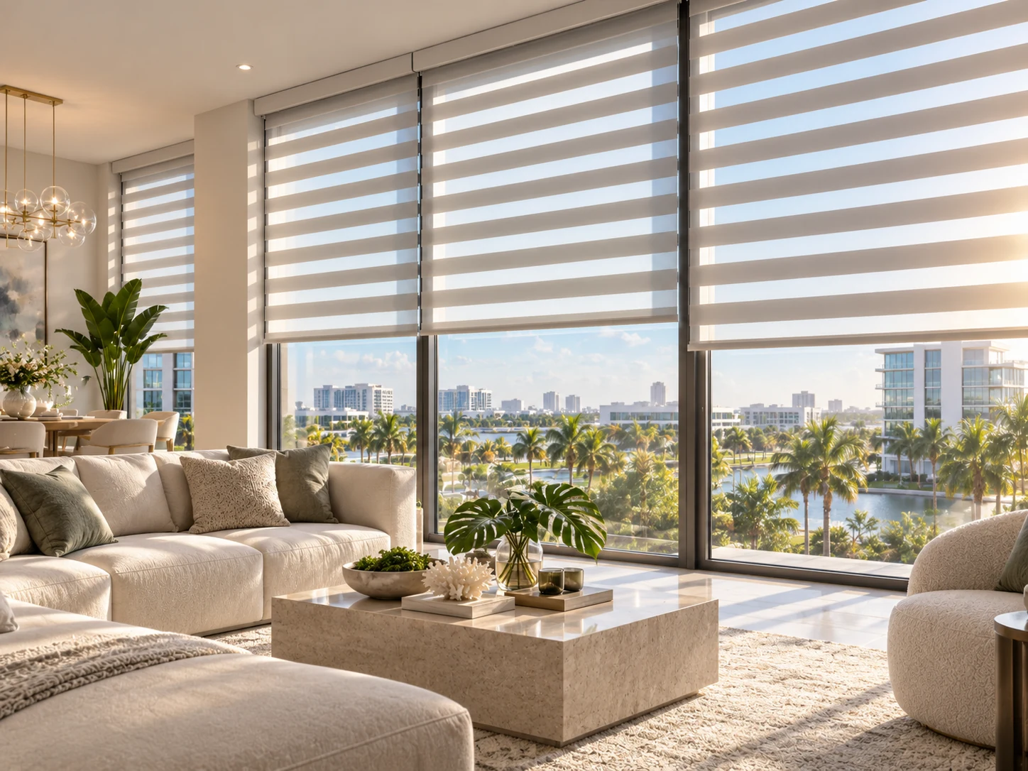 Zebra shades in a bright Miami living room