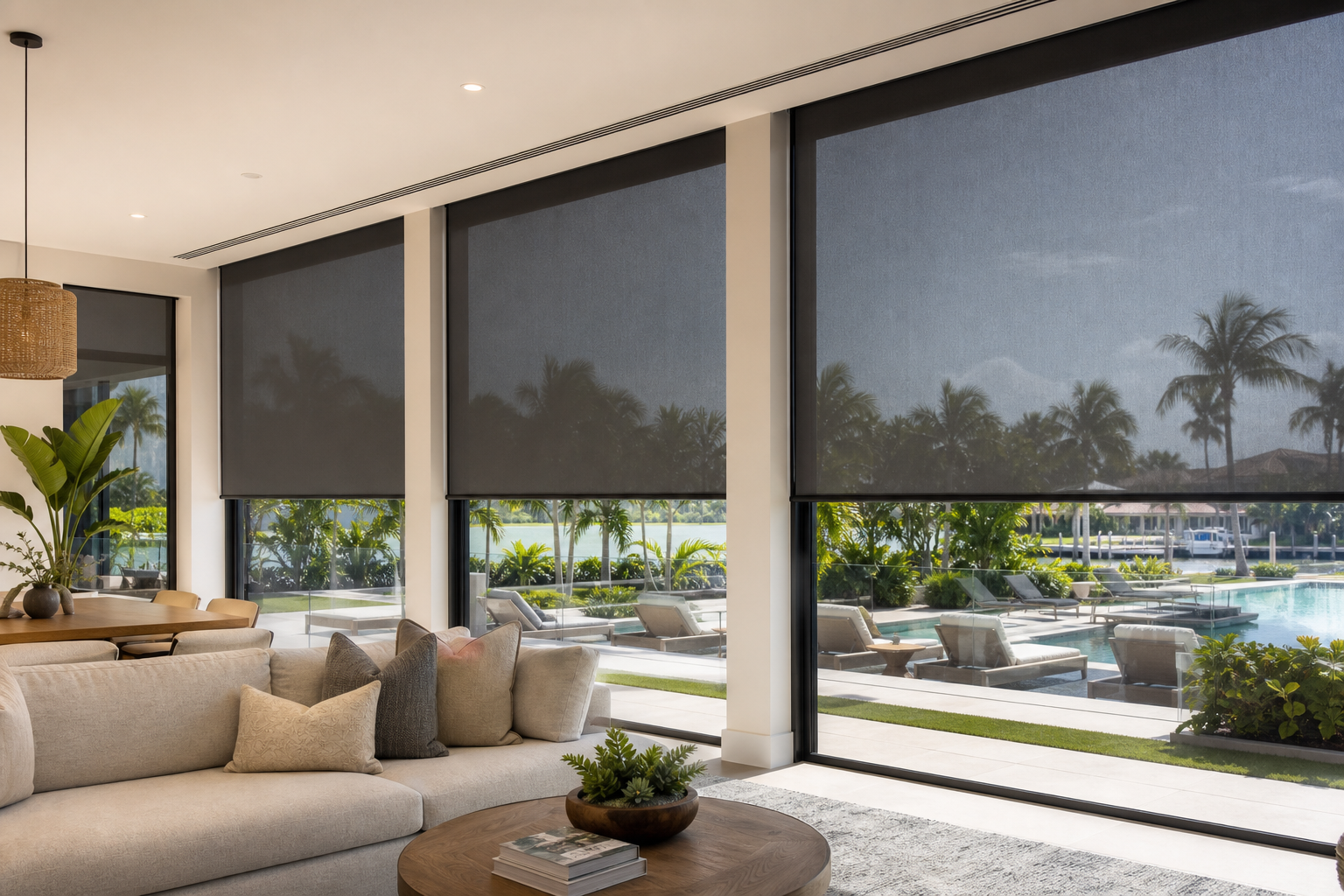 Custom solar shades in a bright South Florida living room overlooking an outdoor patio