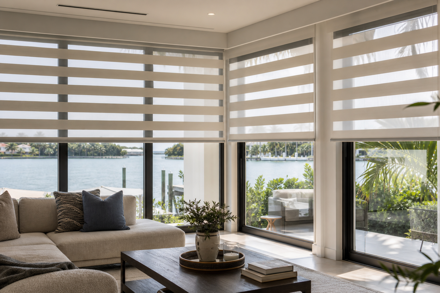 Zebra shades filtering bright sunlight through large windows in a Key Biscayne home