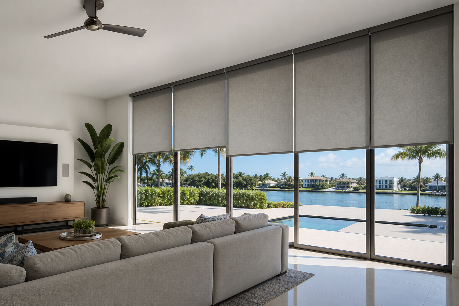 Modern South Florida living room with large windows and motorized shades