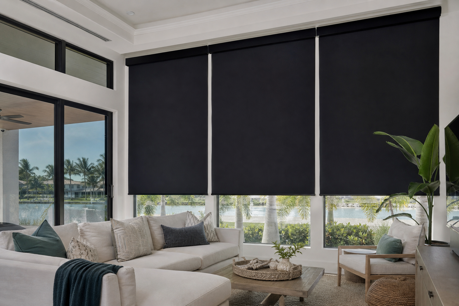Custom blackout roller shades covering large sunny windows in a bright South Florida living room