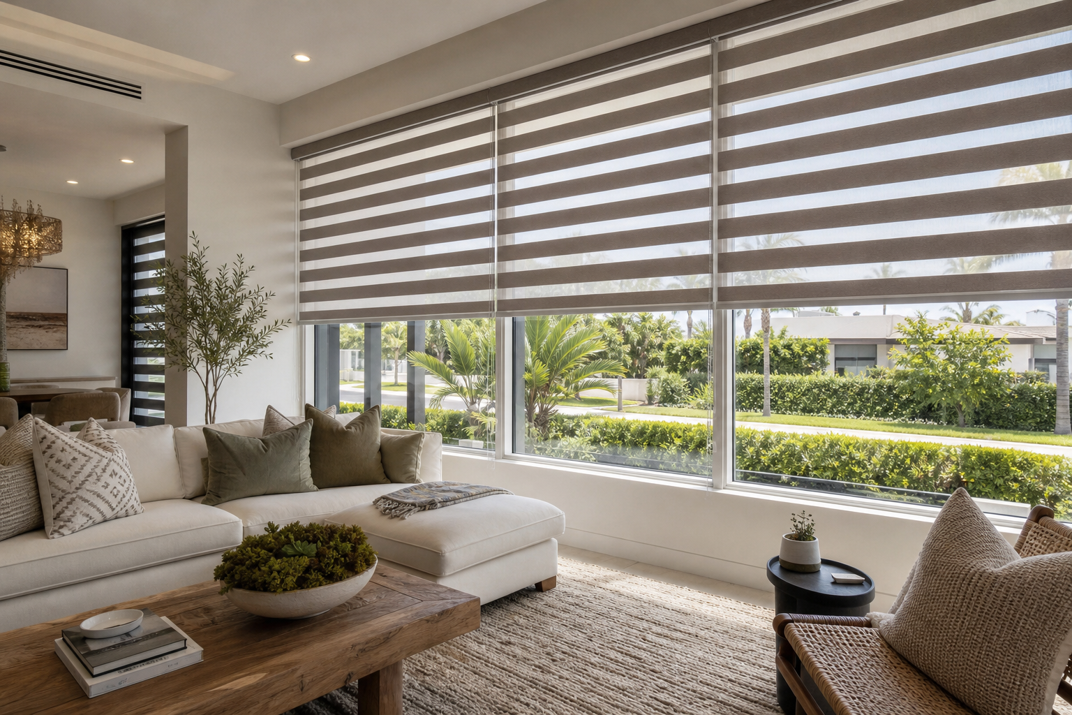 Modern South Florida living room with custom shades covering street-facing windows