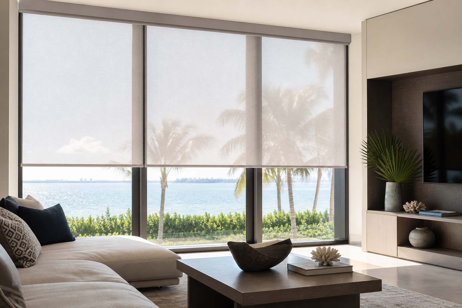 Custom roller shades filtering bright sunlight in a modern Key Biscayne living room