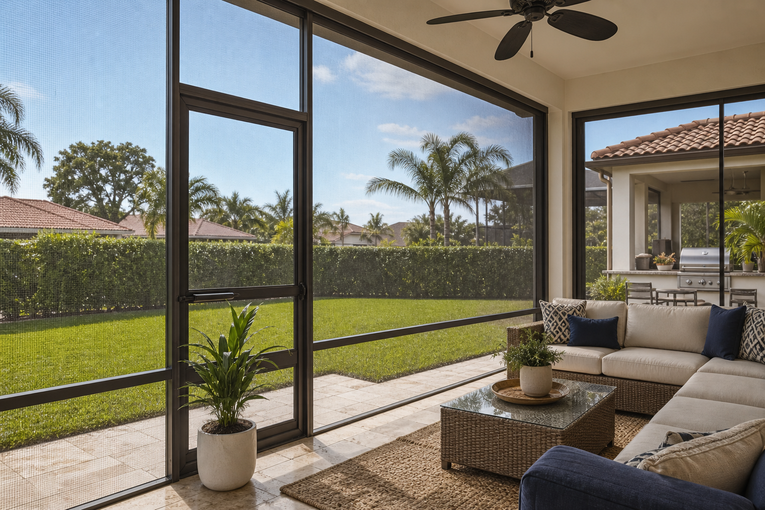 Custom screened patio with outdoor seating at a Homestead home in South Florida