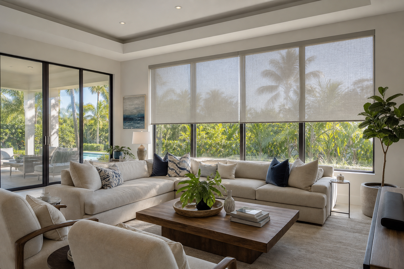 Modern Pinecrest home interior with custom shades filtering bright Florida sunlight through large windows