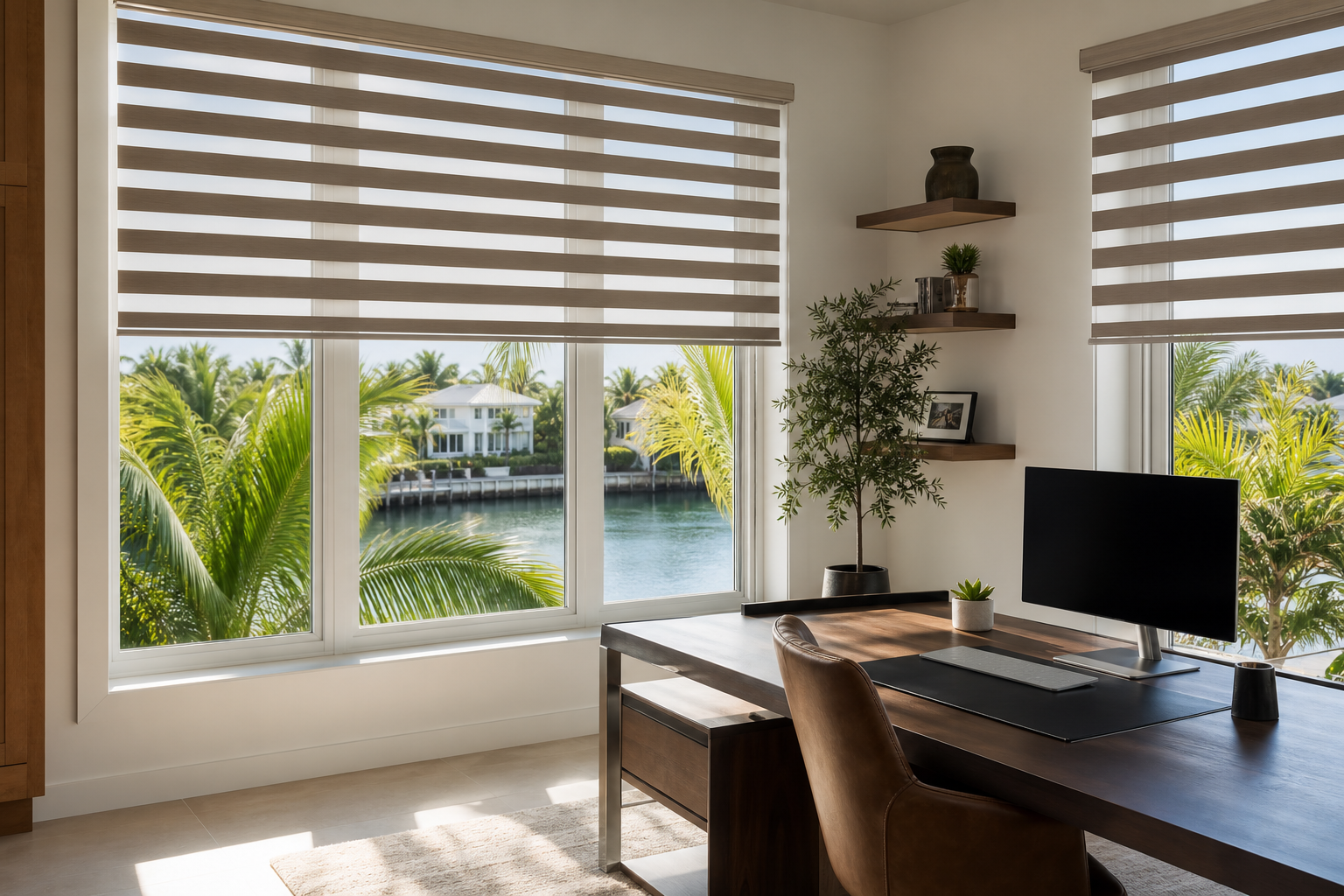 Modern South Florida home office with custom shades filtering sunlight near a desk and computer