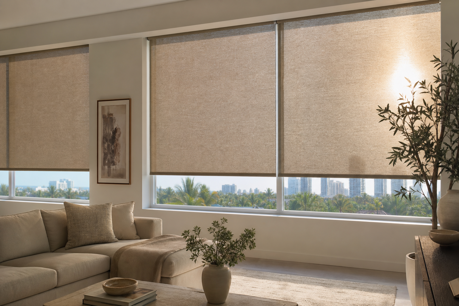 Modern South Florida living room with custom shades covering west-facing windows during bright afternoon sunlight