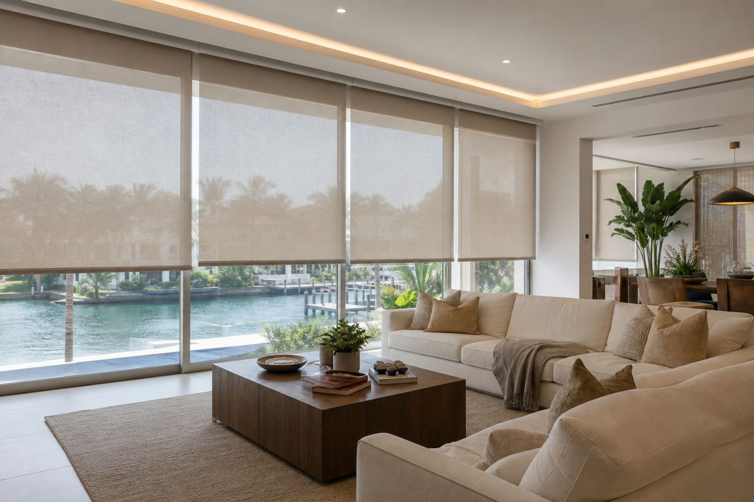 Modern South Florida living room with custom smart motorized shades covering large windows