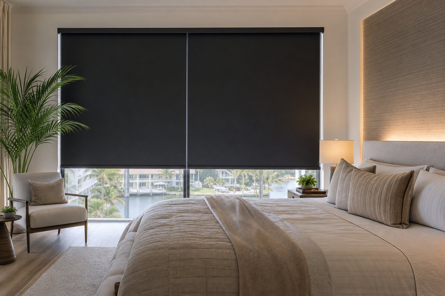 Bedroom with custom blackout roller shades covering bright South Florida windows
