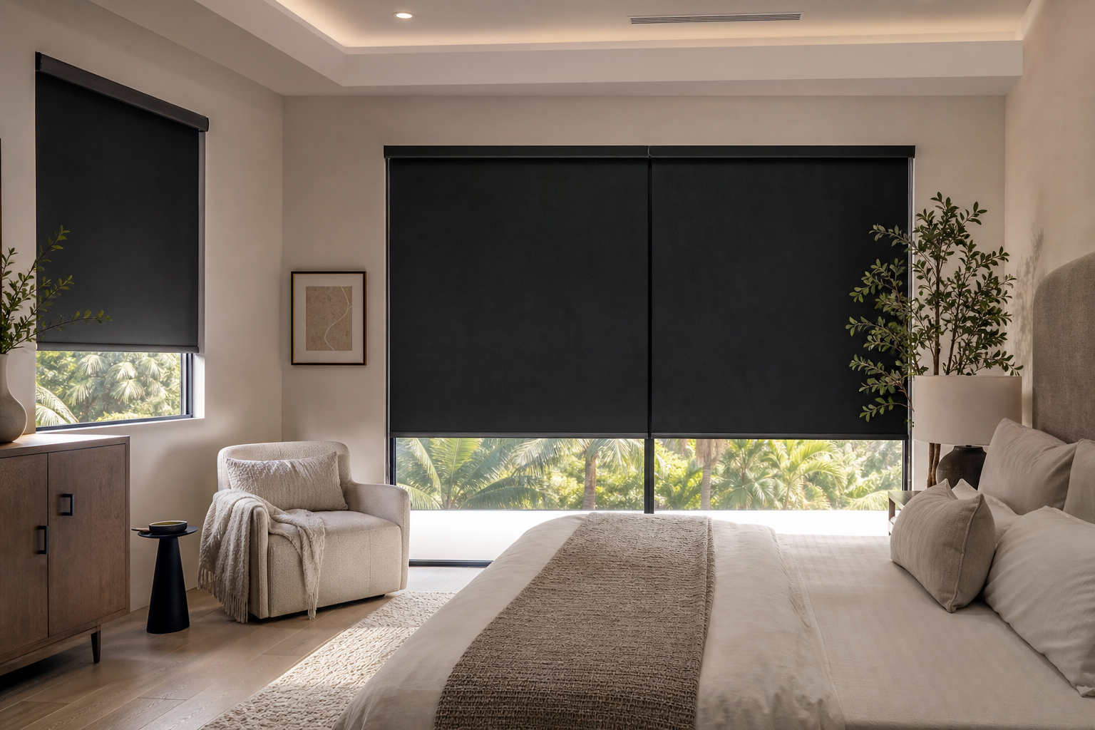 Modern South Florida bedroom with custom blackout shades covering large sunlit windows