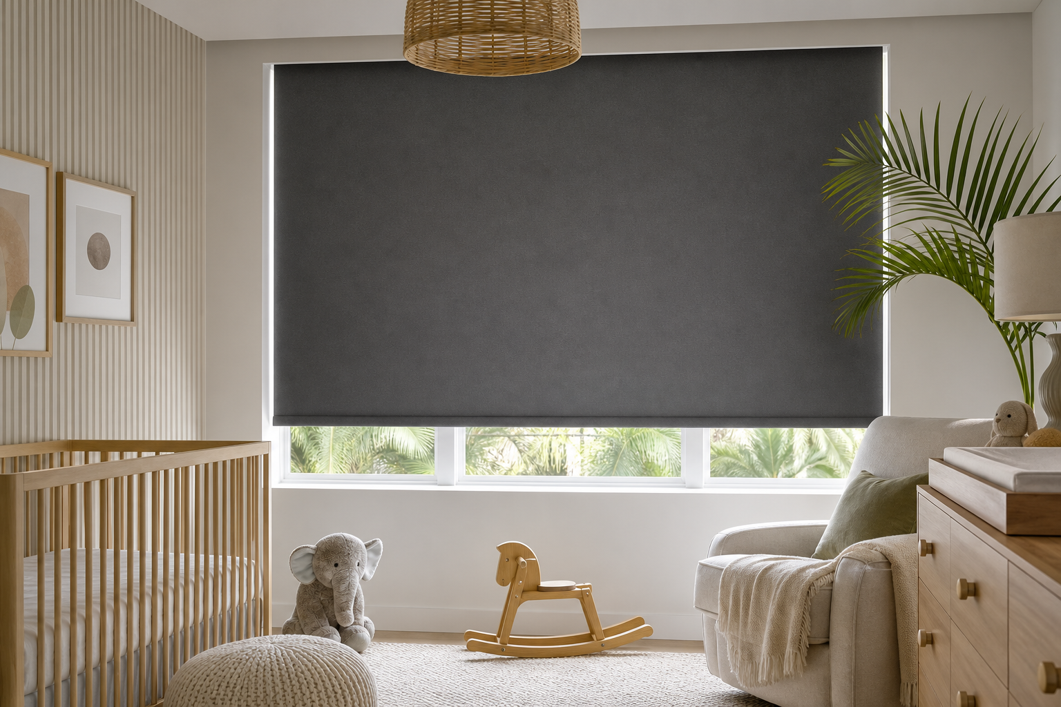 Bright Pinecrest nursery with custom blackout shade covering a sunlit window