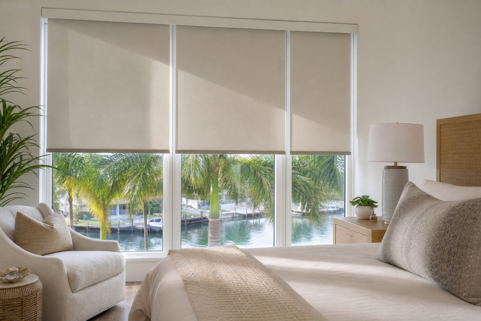 Bright South Florida bedroom with custom shades partially blocking sunlight through large windows
