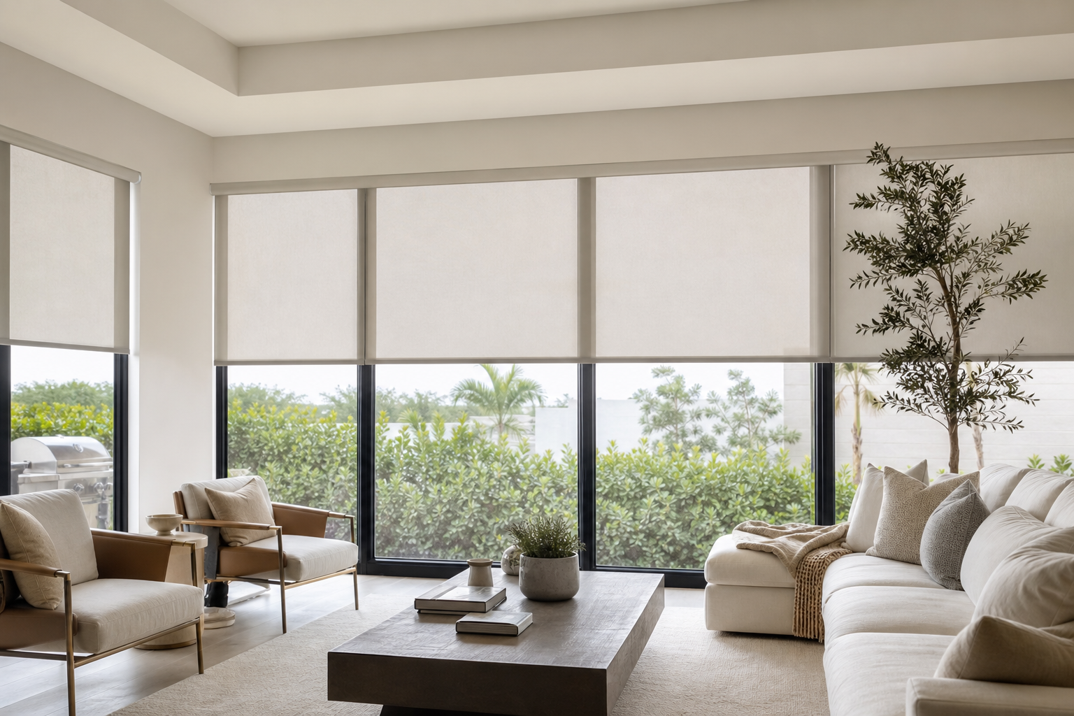 Modern South Florida living room with custom roller shades covering large windows