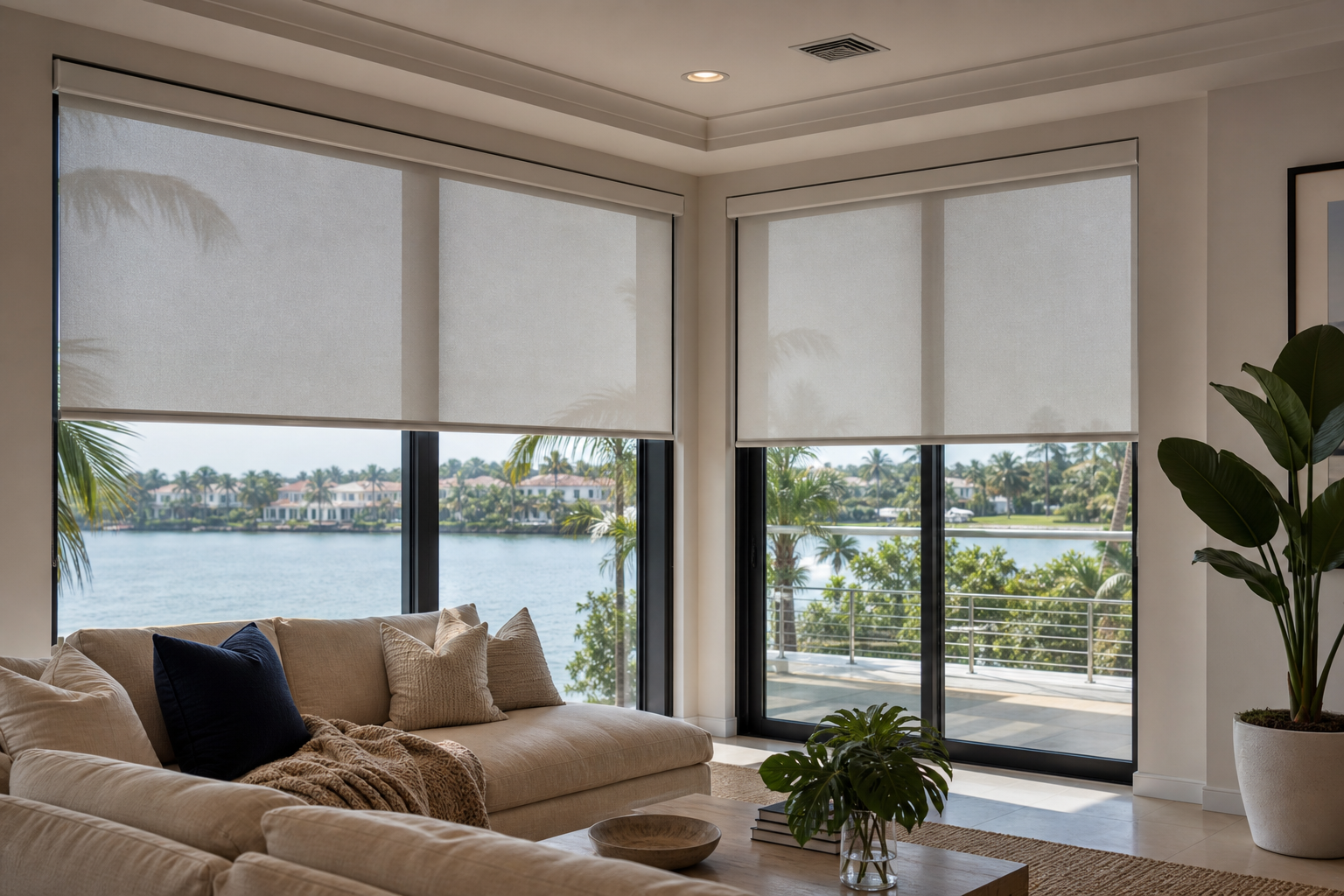 Motorized roller shades covering large windows in a bright South Florida living room