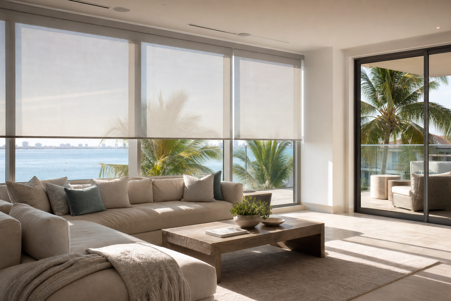 Modern Key Biscayne condo living room with custom shades covering large windows and softening bright South Florida sunlight