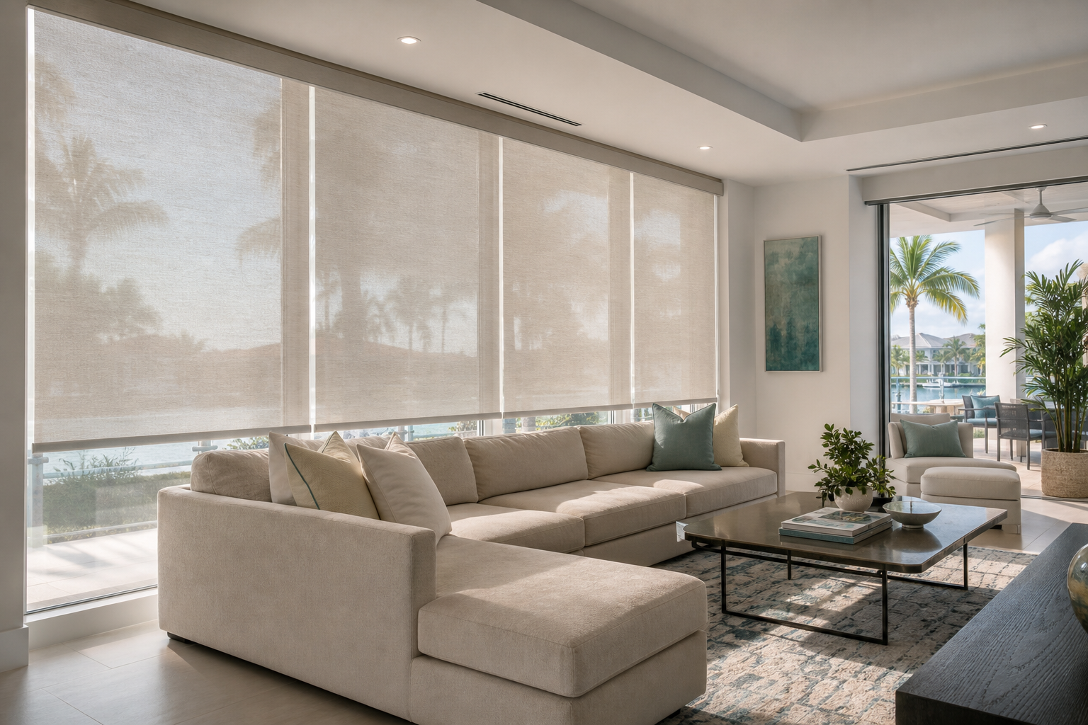 Modern South Florida living room with custom shades covering sunlit windows