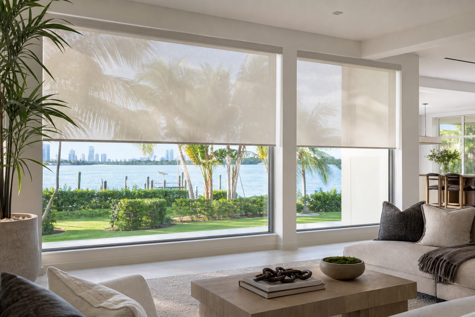 Motorized roller shades installed over large windows in a bright South Florida home