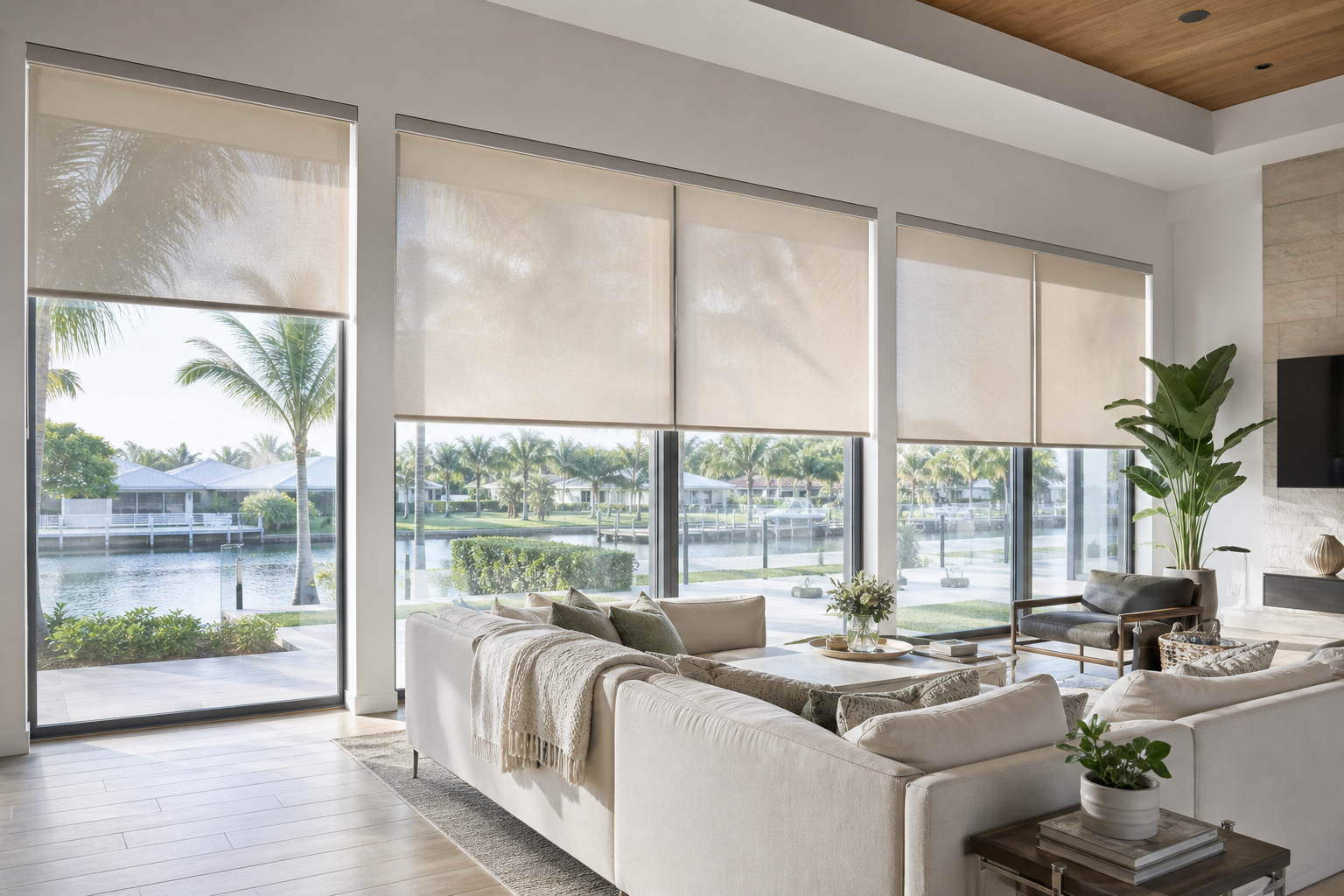 Custom roller shades covering large windows in a bright South Florida living room