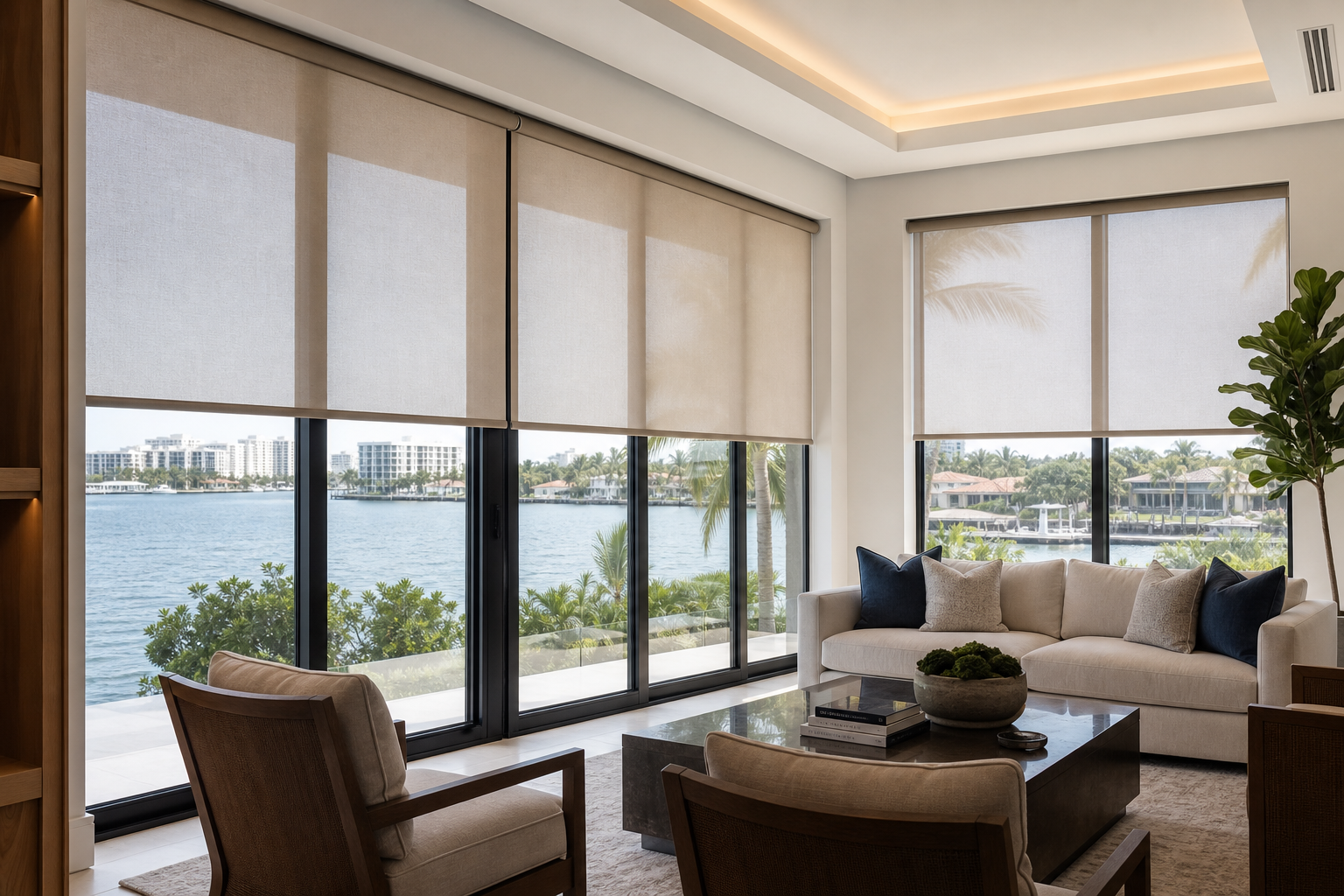 Modern South Florida living room with large windows fitted with motorized shades