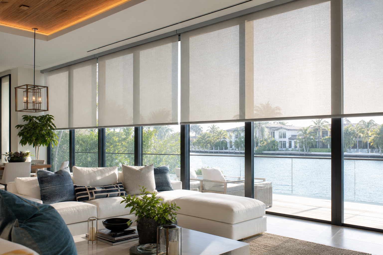 Custom solar shades filtering bright sunlight in a modern South Miami living room
