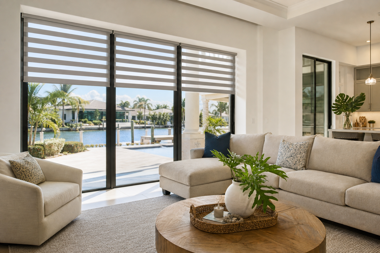 Zebra shades in a bright South Florida living room with neutral furnishings and large windows