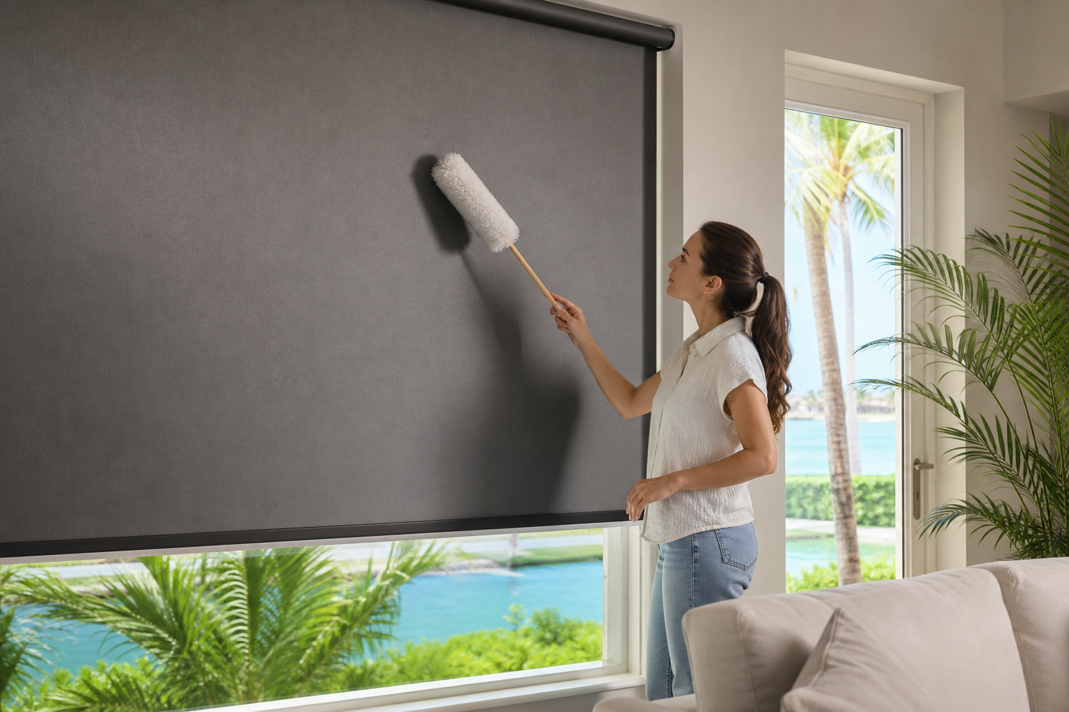Homeowner gently dusting a fully lowered blackout roller shade beside a bright South Florida window