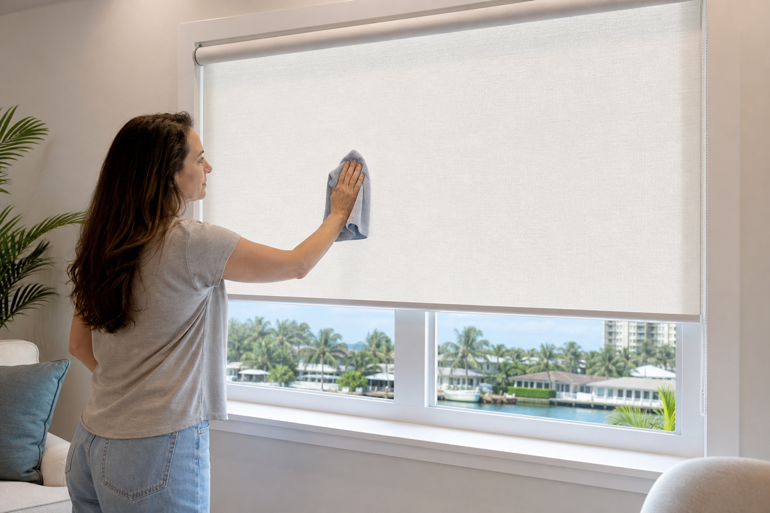 Homeowner gently cleaning a lowered roller shade with a soft microfiber cloth in a bright South Florida room