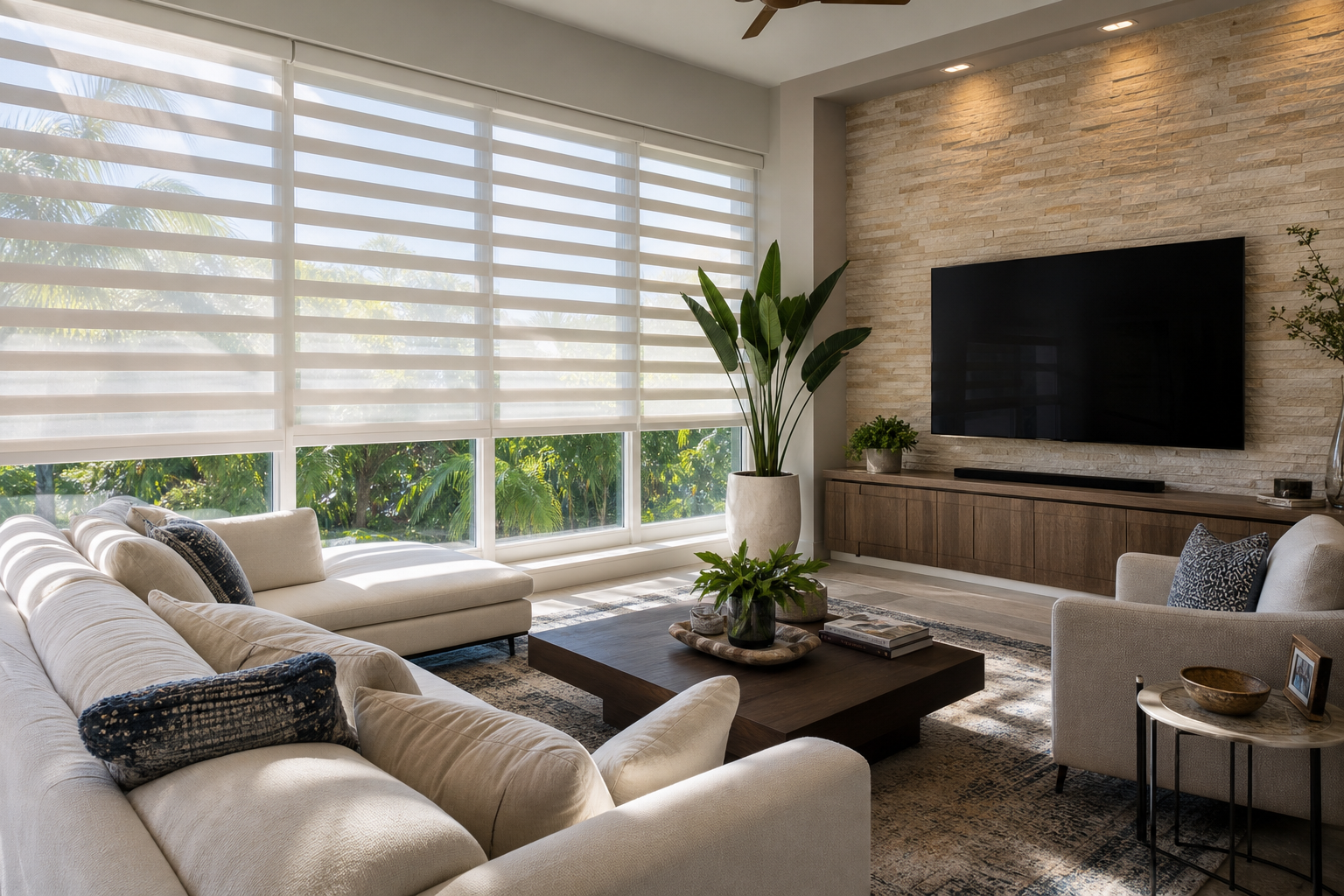 Modern South Florida living room with custom window shades filtering bright sunlight and reducing glare on a television