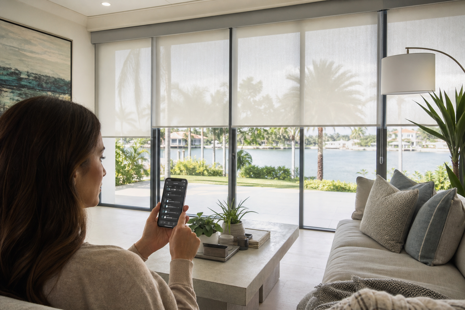 Homeowner using a smart control app to schedule motorized shades in a bright South Florida living room