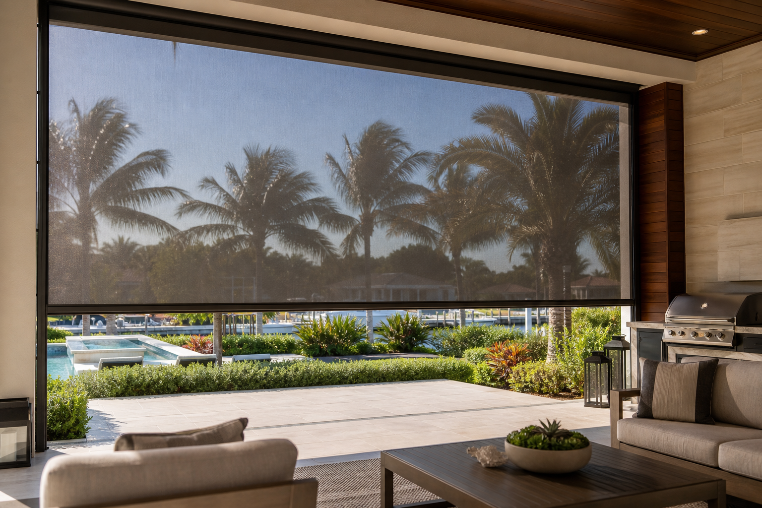 Motorized patio screen lowered across a wide South Florida outdoor living area with modern furniture and tropical landscaping