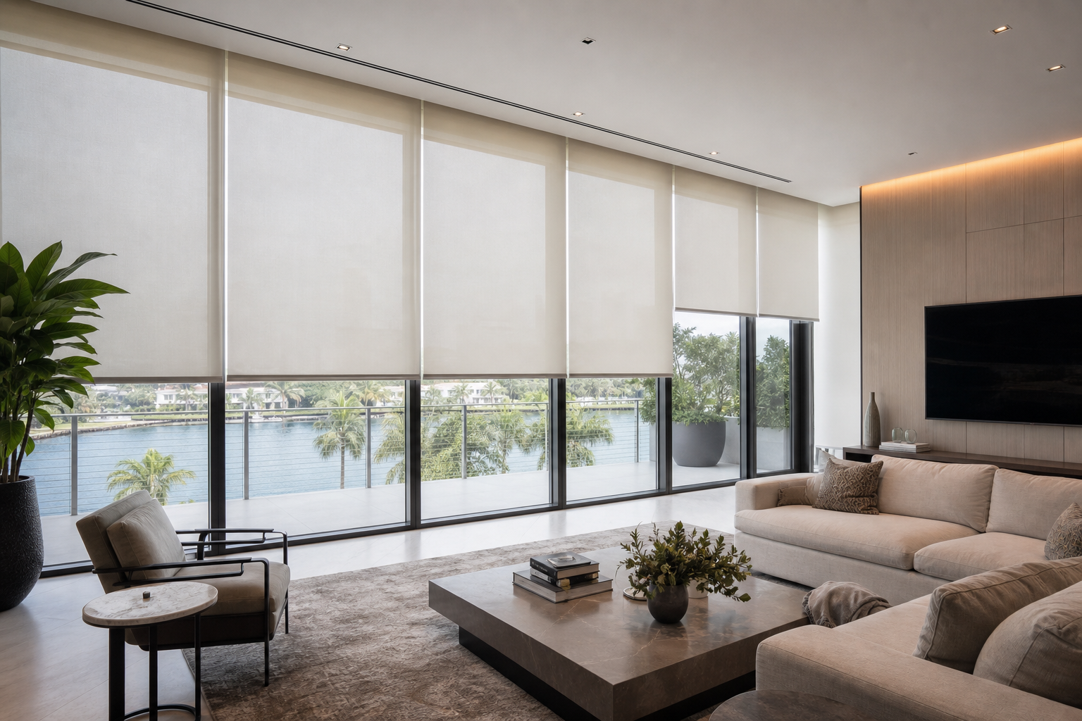 Modern South Florida luxury living room with motorized shades covering large windows