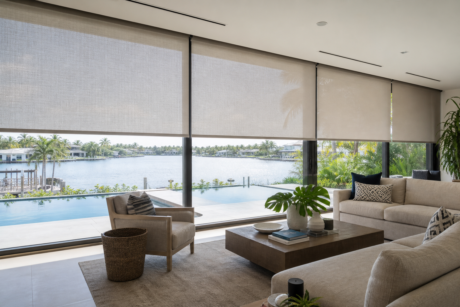 Modern South Florida living room with motorized solar shades covering large windows