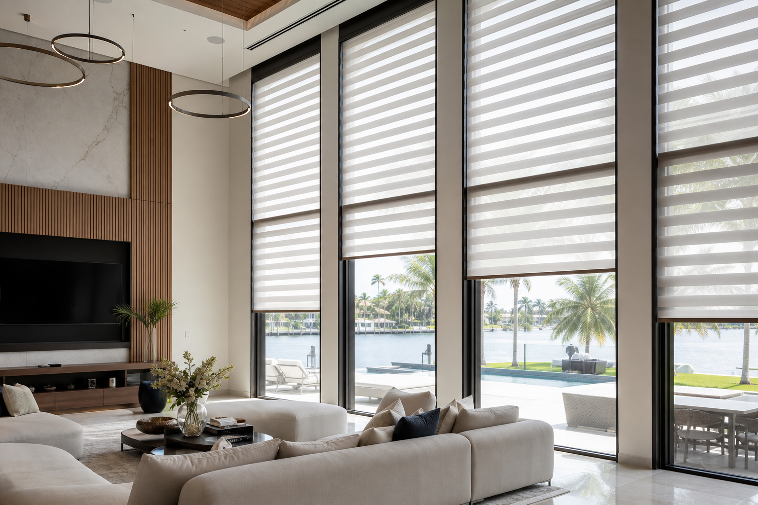 Motorized zebra shades covering tall windows in a bright South Florida luxury home