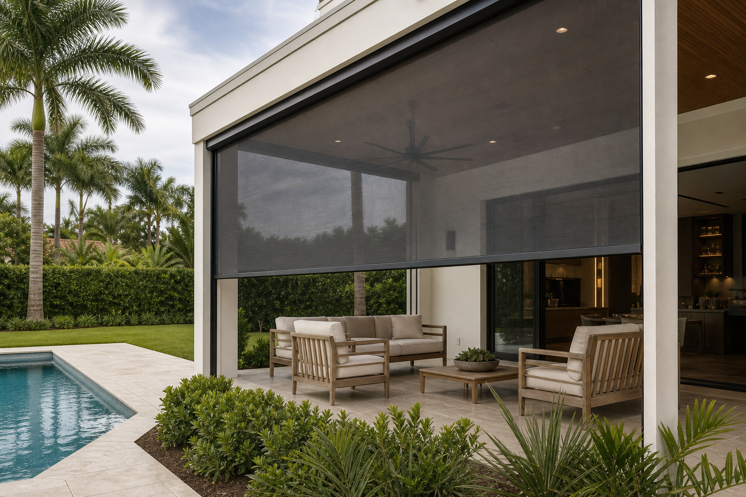 Custom retractable outdoor screen covering a South Miami patio beside a modern home