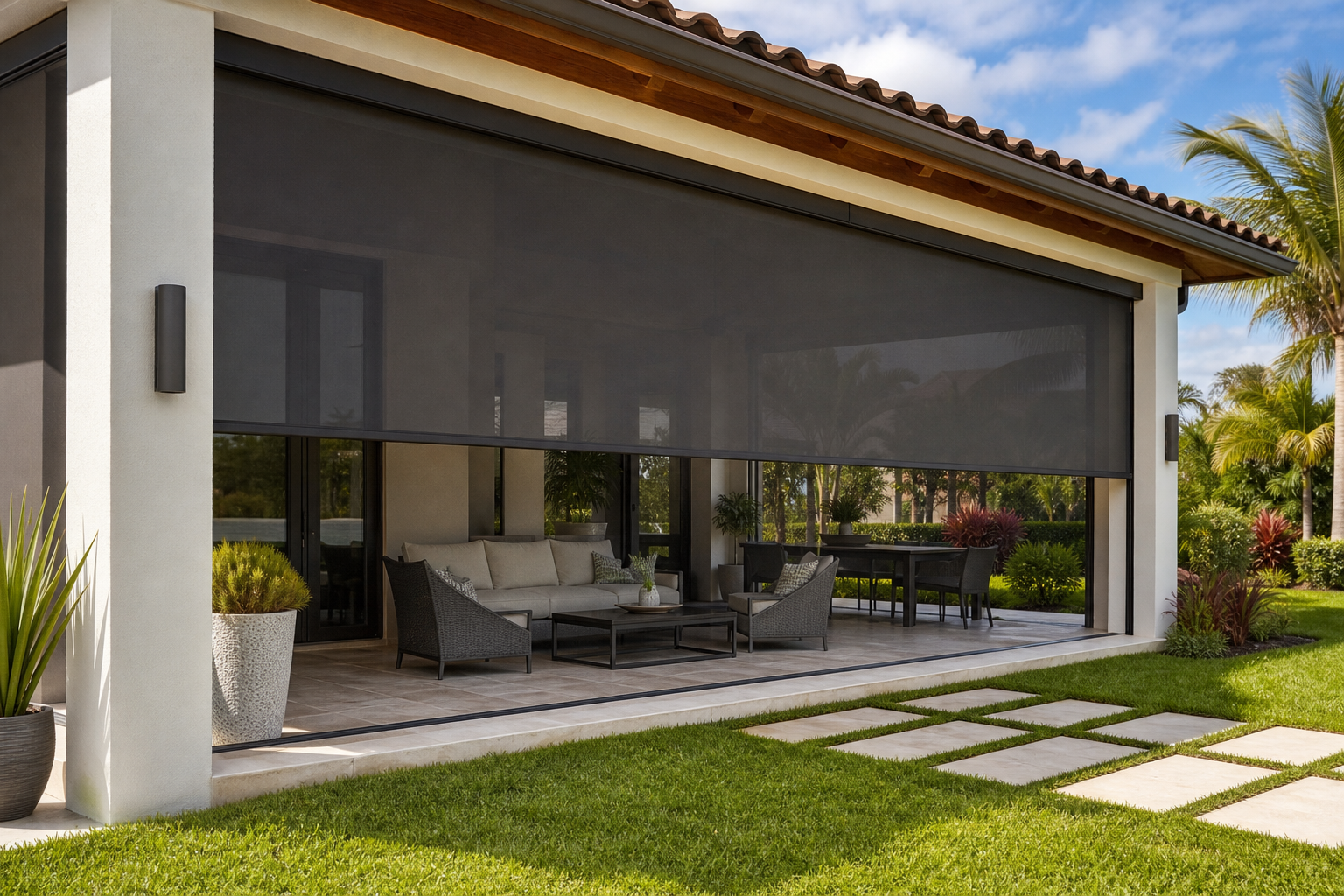 Custom outdoor screen lowered across a bright South Florida home lanai with patio seating and a landscaped yard