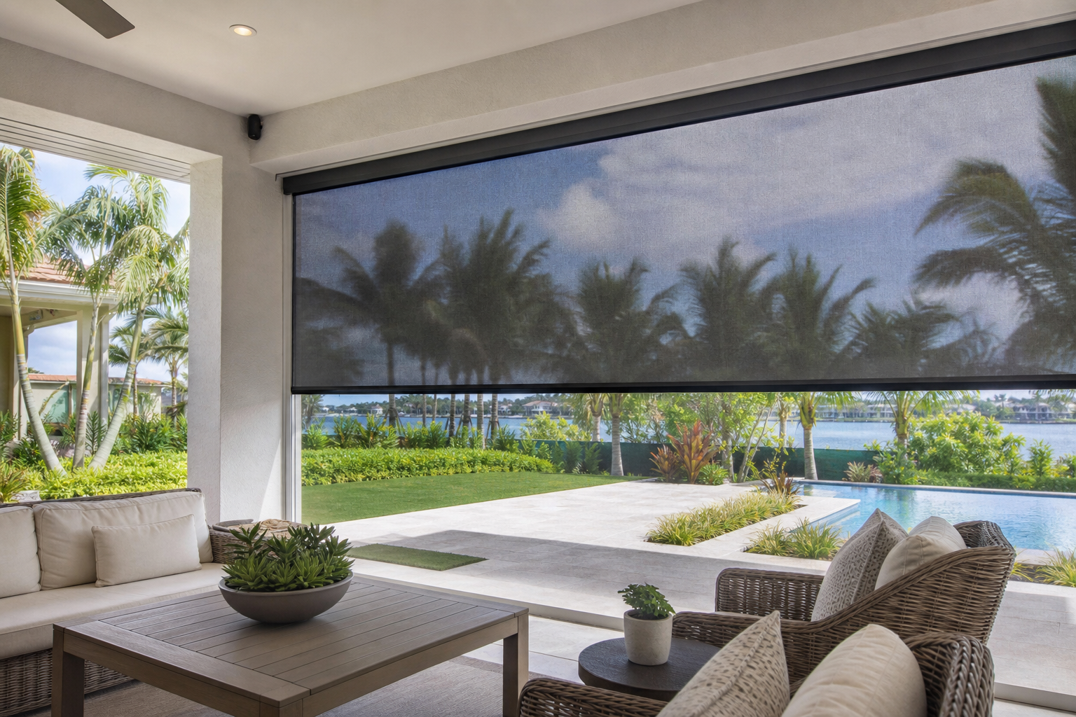 Covered South Florida patio with a clean retractable screen, outdoor seating, and tropical landscaping