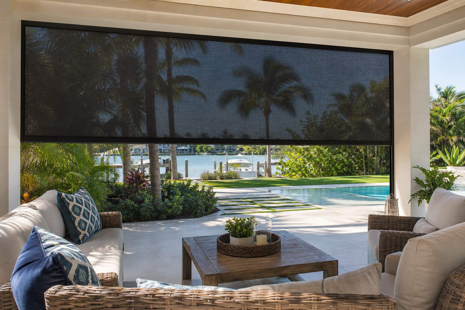 Custom patio screen lowered across a covered terrace at a South Florida home