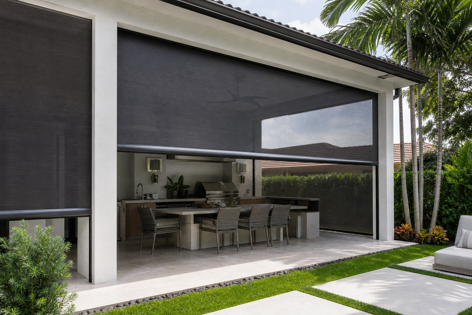 Custom patio screen lowered around a modern South Florida outdoor kitchen and covered dining area
