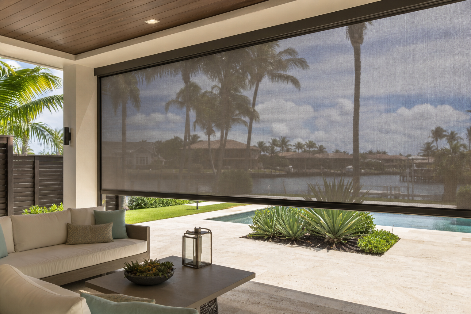 Custom patio screen lowered over a bright South Florida outdoor living area with shaded seating
