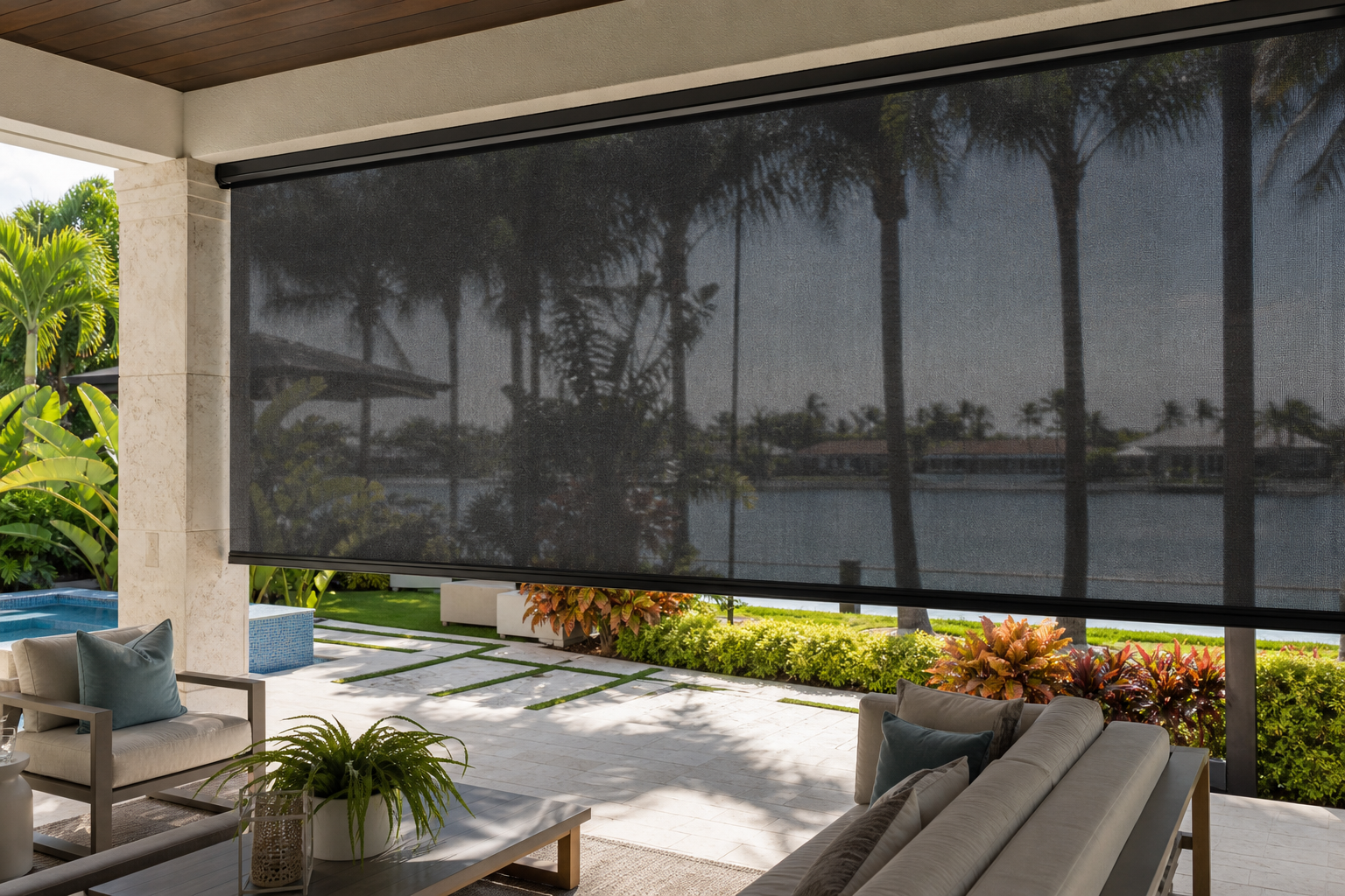 Custom outdoor privacy screen extended across a South Florida patio with seating and tropical landscaping