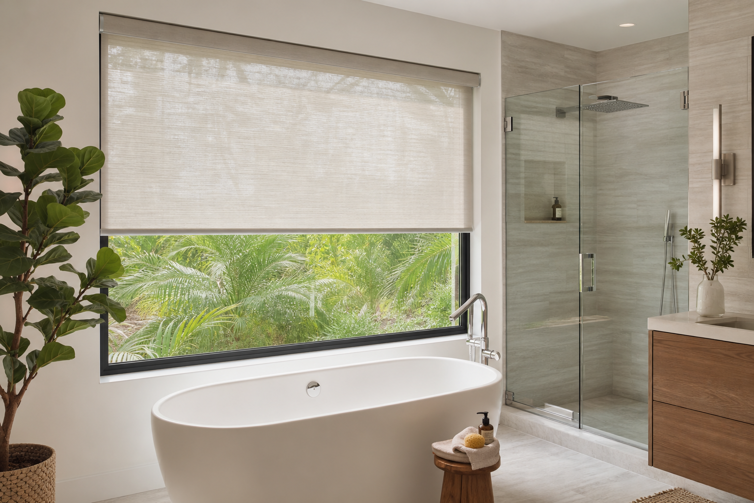 Custom privacy shade covering a bright modern bathroom window in a South Florida home