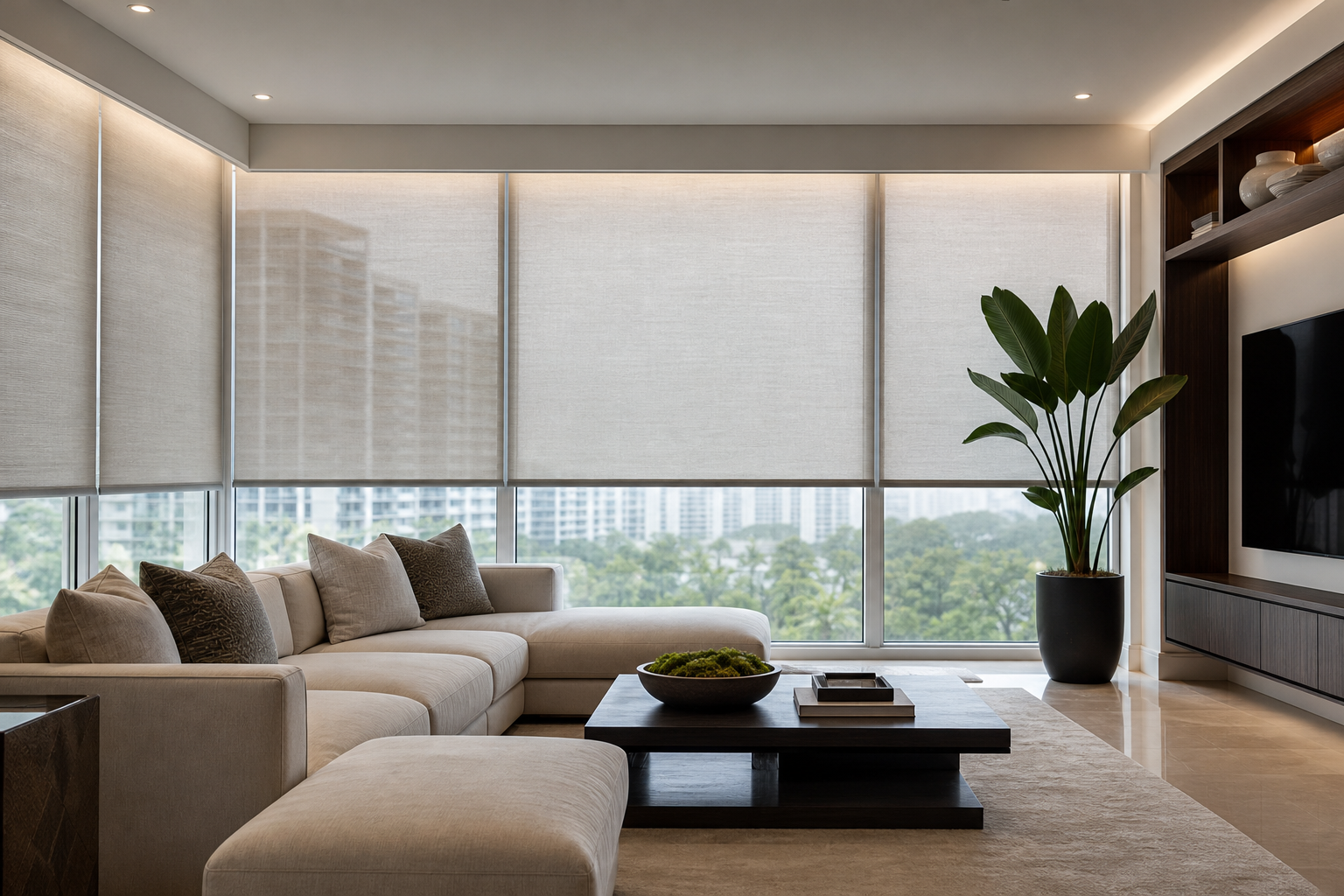 Modern South Miami condo living room with custom privacy shades covering large windows