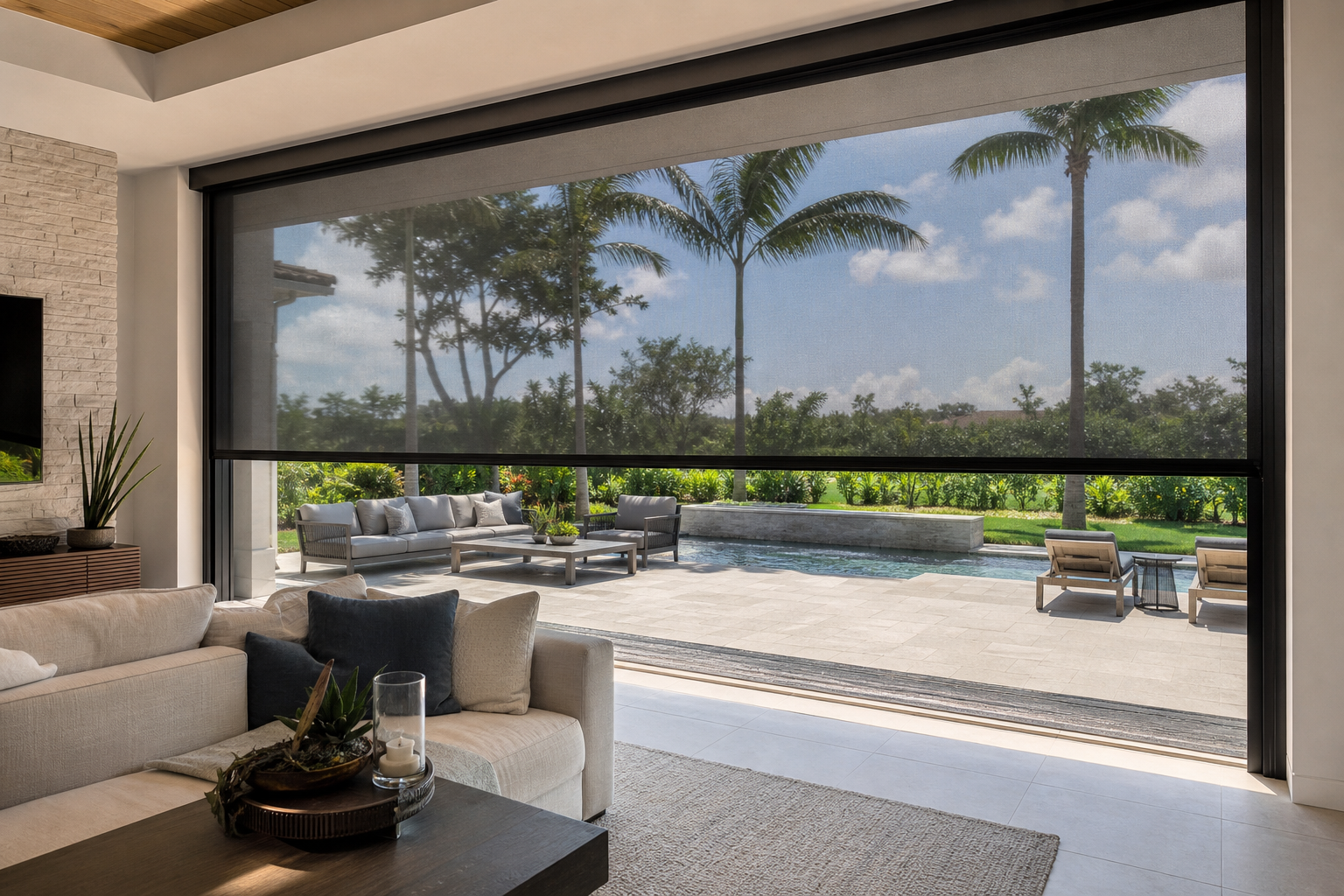 Retractable screen covering a large glass patio opening beside a South Florida living area