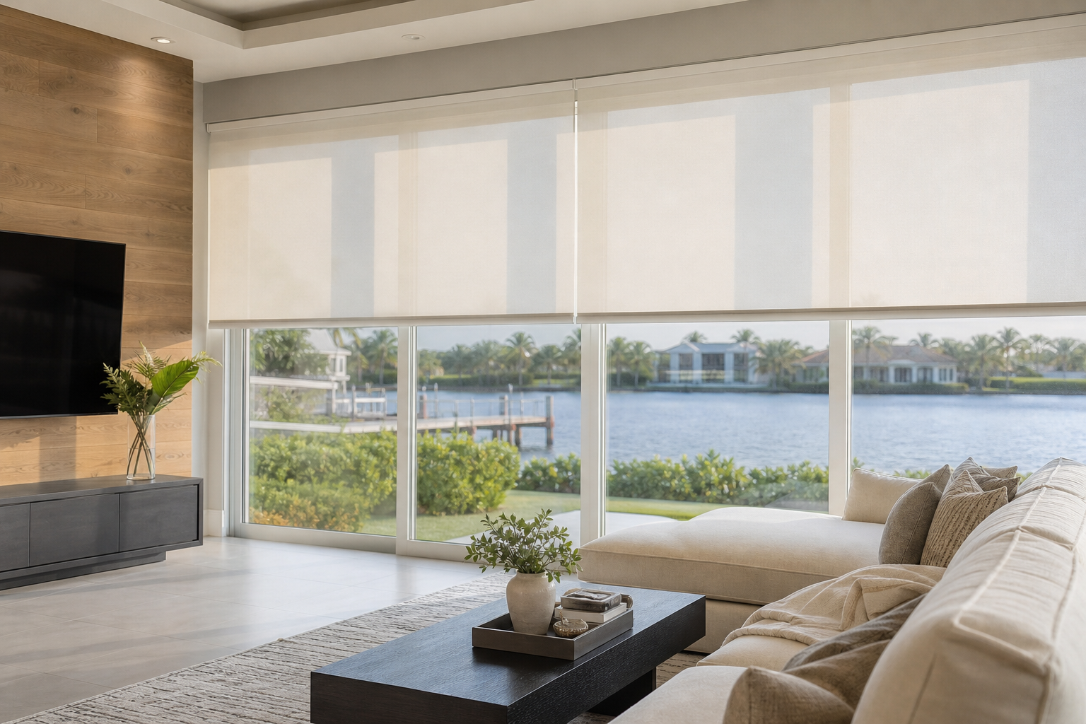 Modern South Florida living room with custom roller shades covering large windows beside contemporary furniture