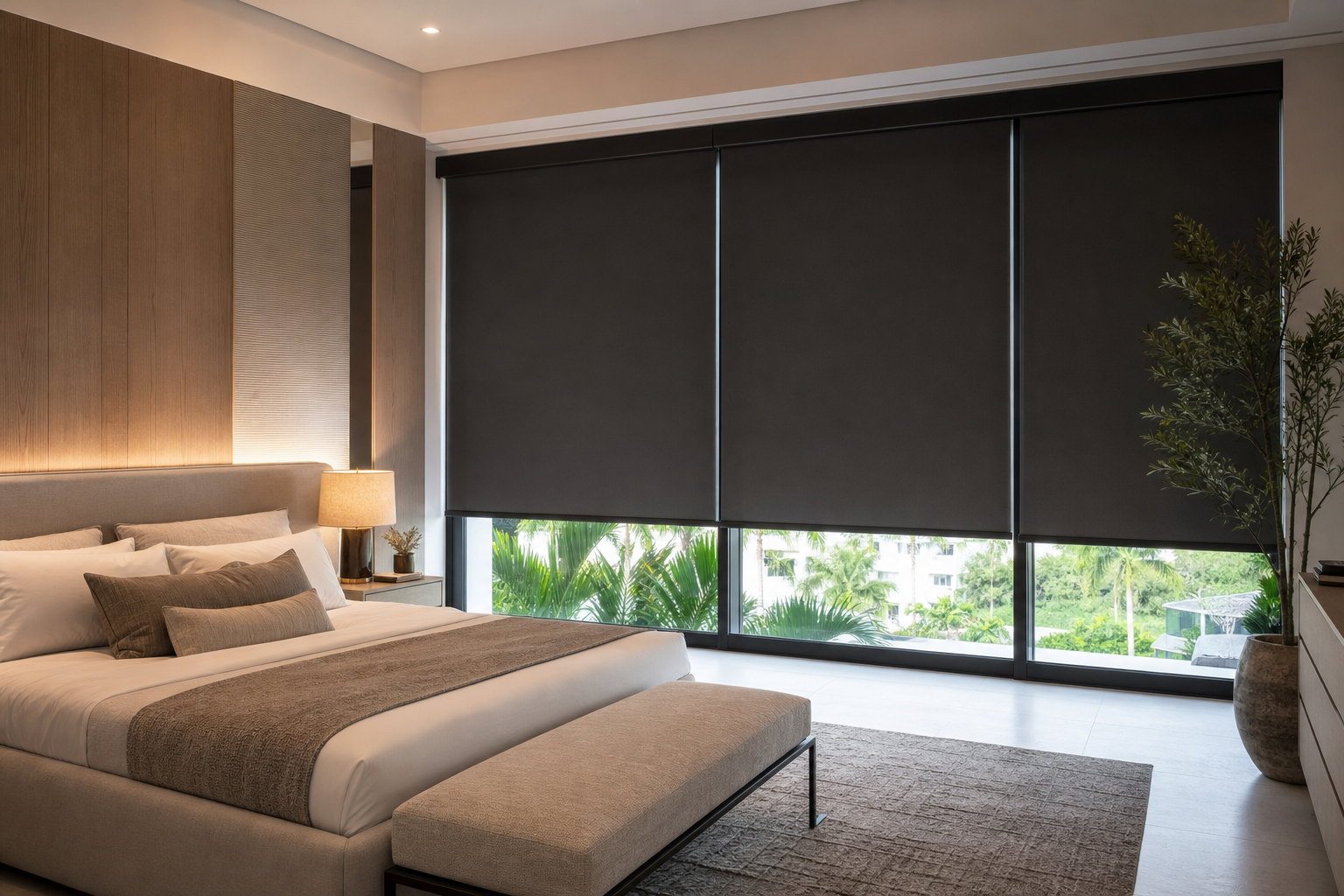 Modern South Florida bedroom with motorized blackout shades covering large windows