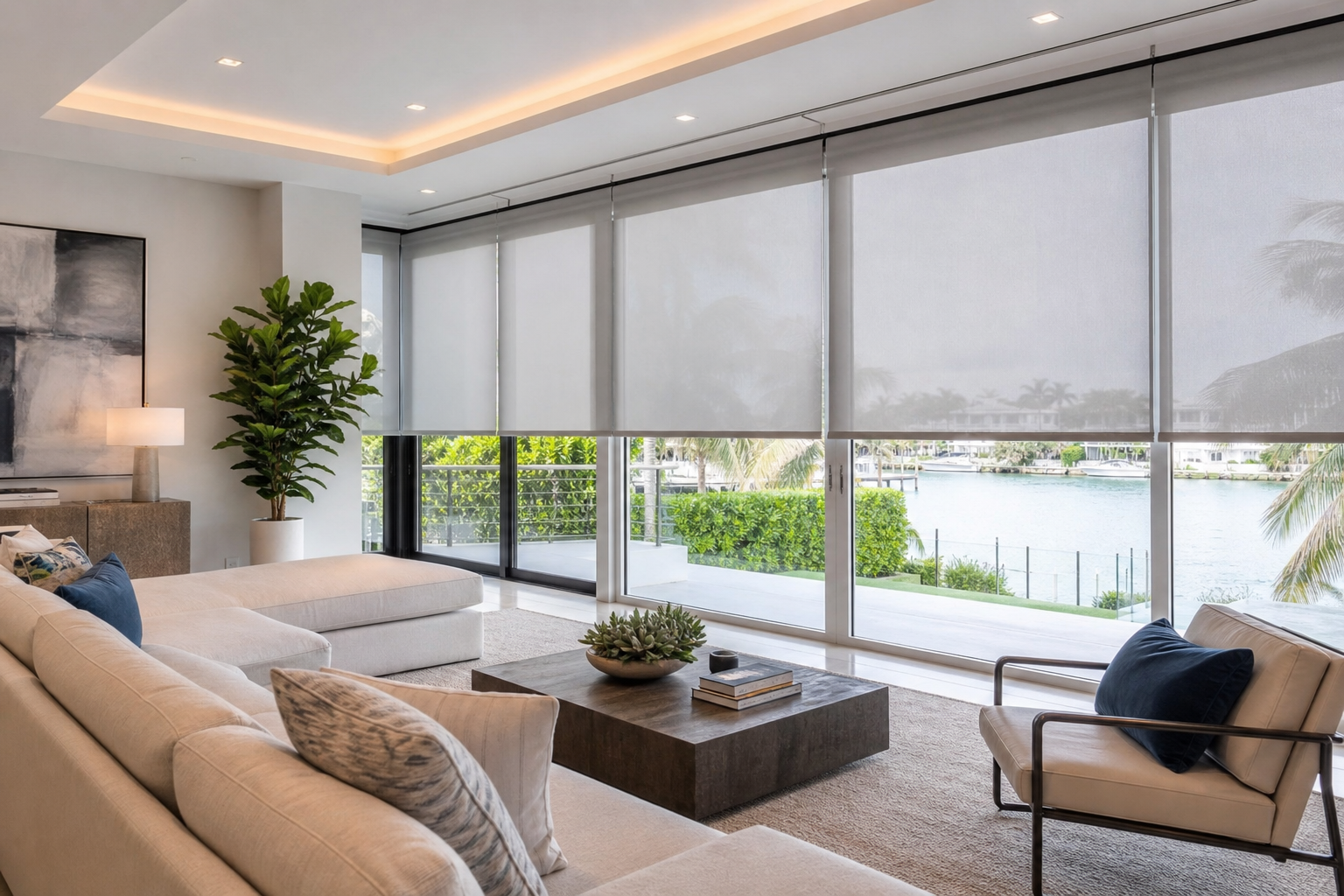 Modern South Florida living room with large windows fitted with smart motorized shades