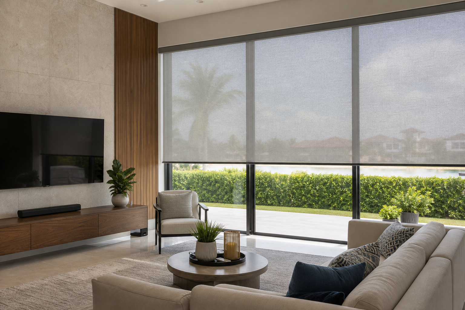 Custom solar shades filtering bright sunlight through large windows in a modern Doral home