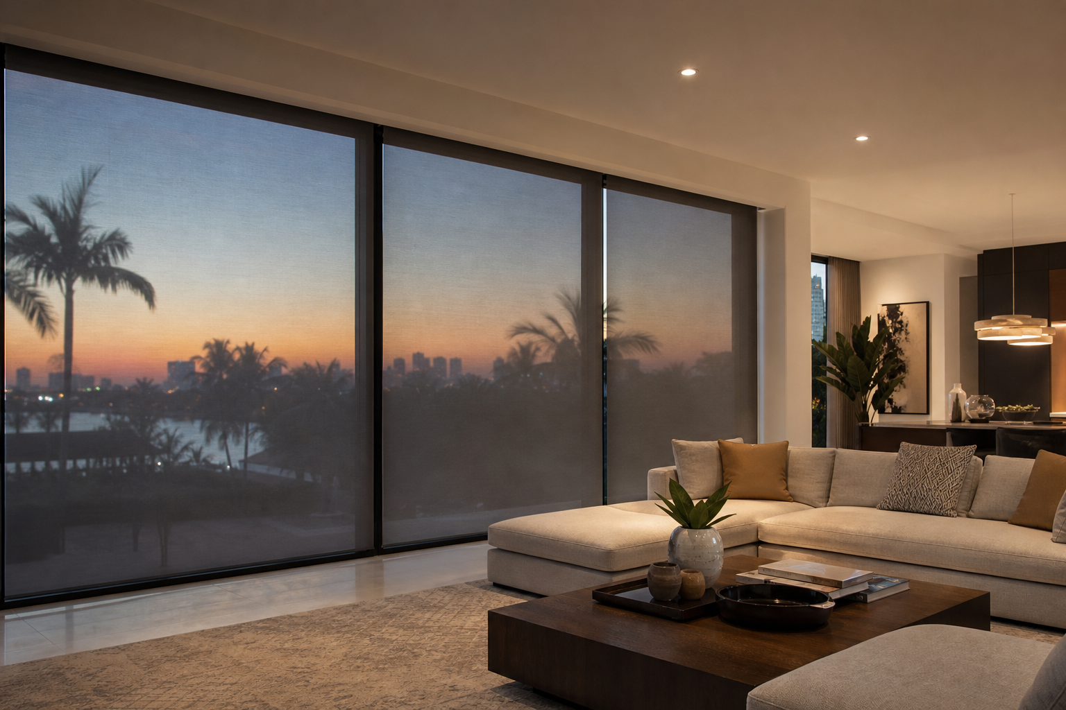 Modern South Florida living room with solar shades covering large windows at dusk