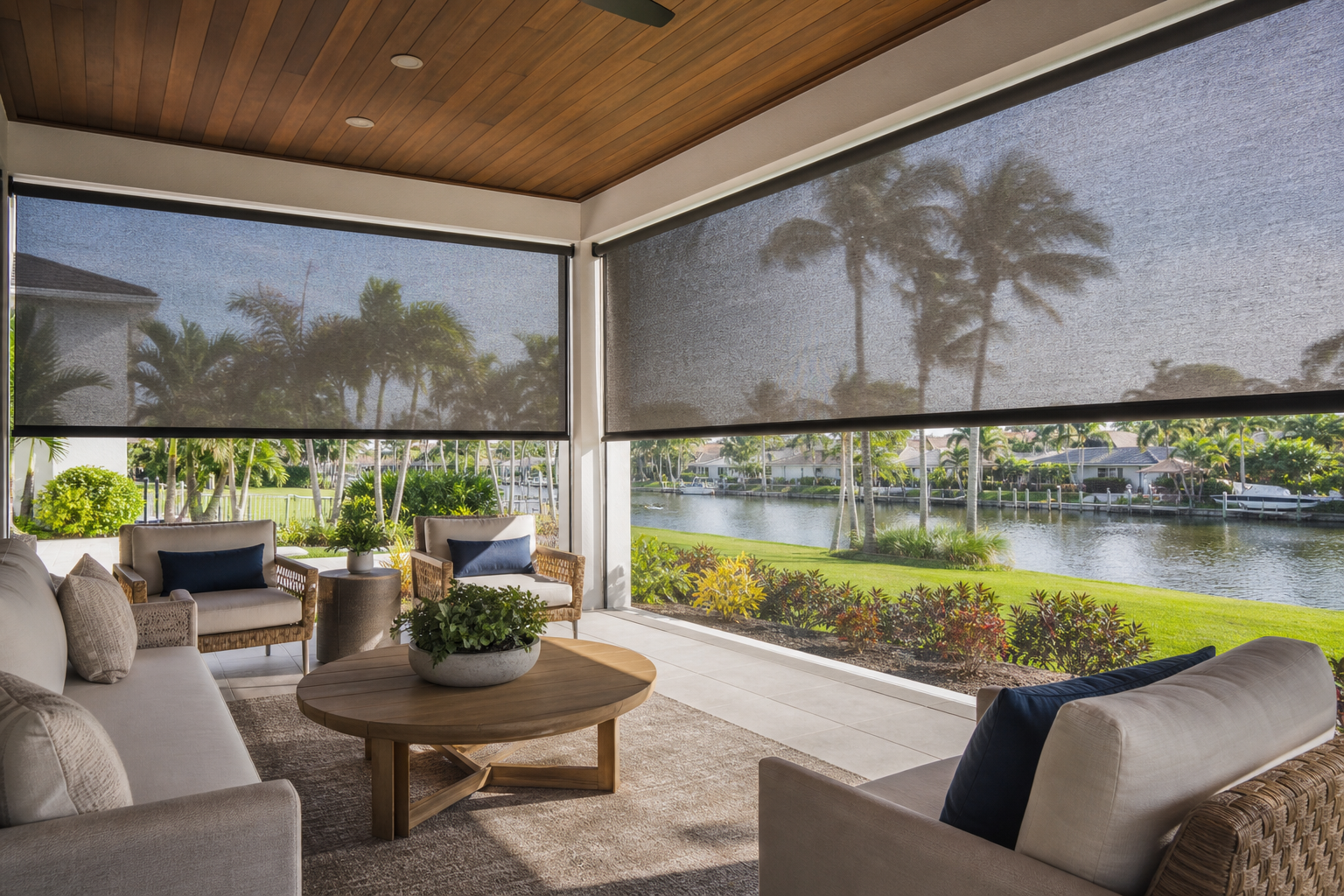 Custom solar shades filtering sunlight across a bright South Florida patio or screened lanai